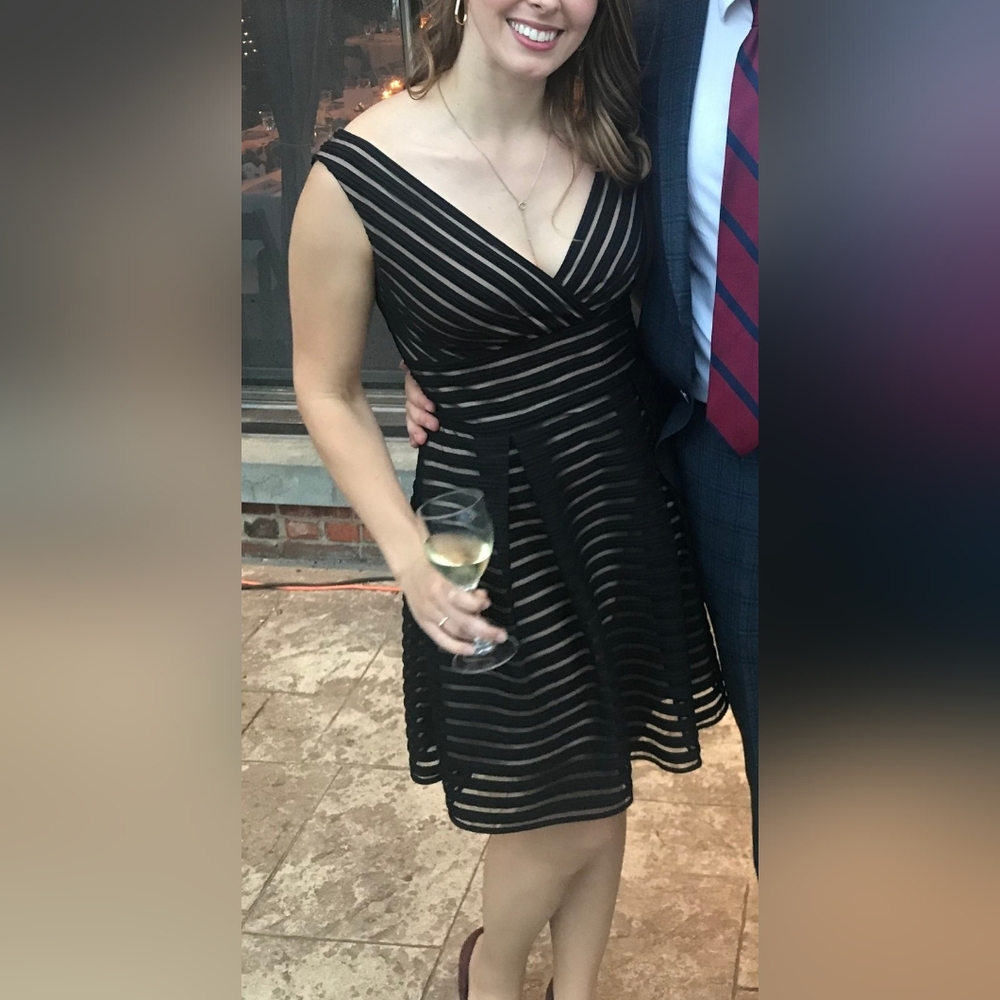 White House Black Market Black and Tan Mini Dress Preppy Translucent Lines